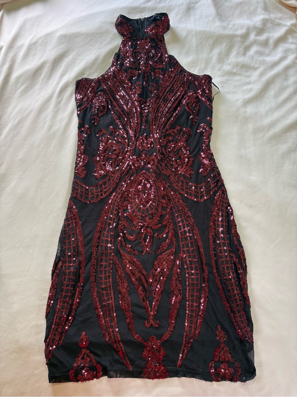 Haute Monde Black Mini Dress with Burgundy Sequin Embellishment